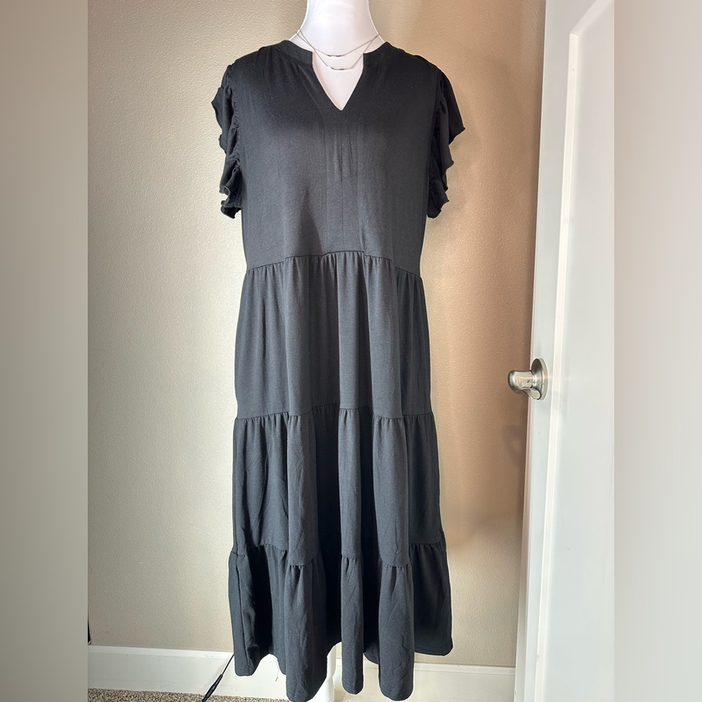ANRABESS Black Tiered Midi Dress L Flutter Sleeve‎ NWT